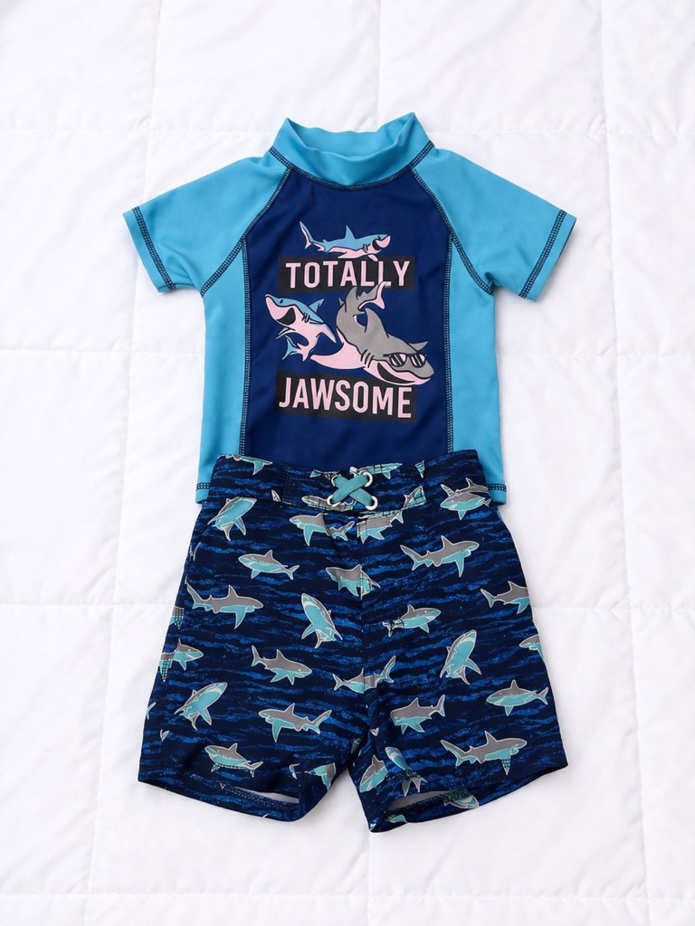 Blue 'Totally Jawsome' Shark Kids Rash Guard Swim Set